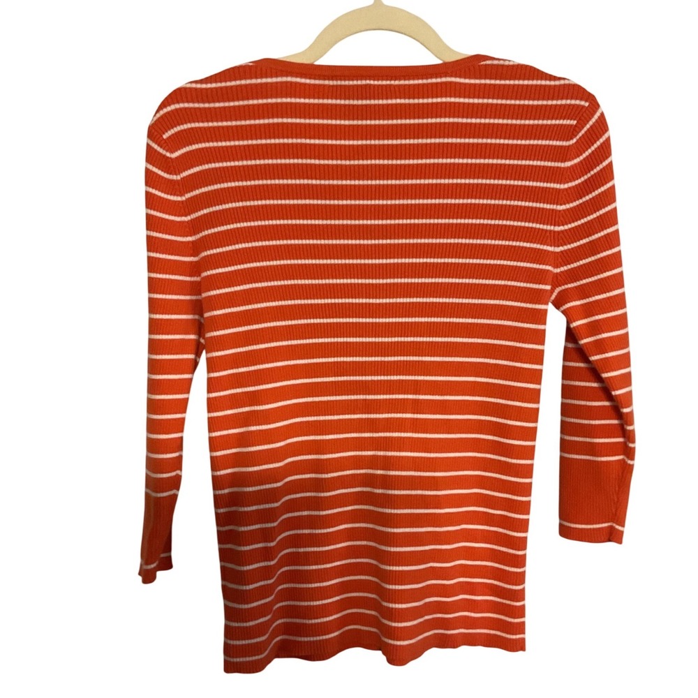 Lauren Ralph Lauren Orange White Striped Ribbed Henley Top 3/4 Sleeve Medium - Picture 6 of 8
